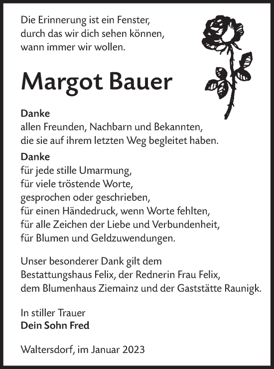 Traueranzeige von Margot Bauer von Lausitzer Rundschau