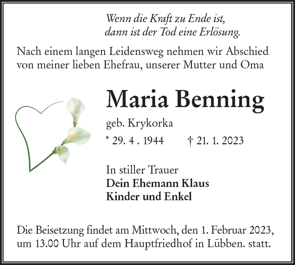  Traueranzeige für Maria Benning vom 28.01.2023 aus Lausitzer Rundschau