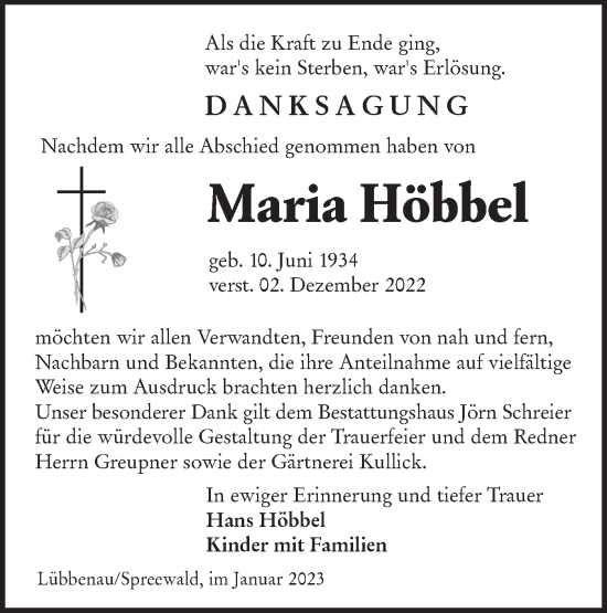 Traueranzeige von Maria Höbbel von Lausitzer Rundschau