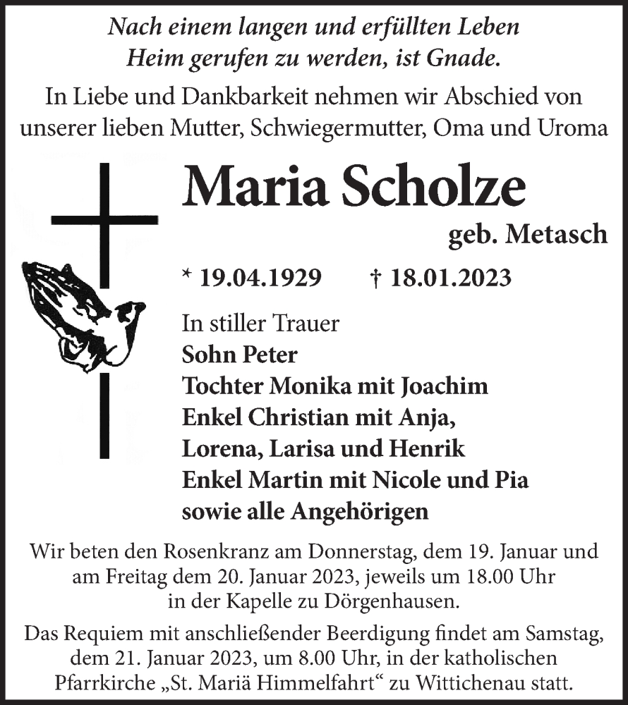  Traueranzeige für Maria Scholze vom 20.01.2023 aus Lausitzer Rundschau