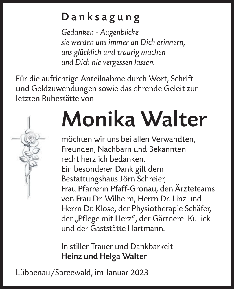  Traueranzeige für Monika Walter vom 28.01.2023 aus Lausitzer Rundschau
