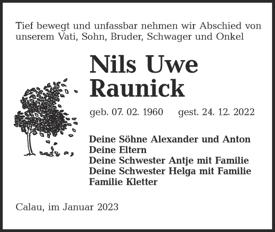 Traueranzeige von Nils Uwe Raunick von Lausitzer Rundschau
