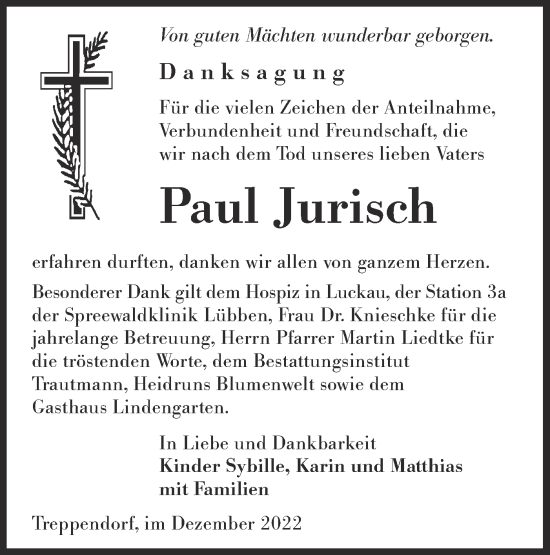 Traueranzeige von Paul Jurisch von Lausitzer Rundschau
