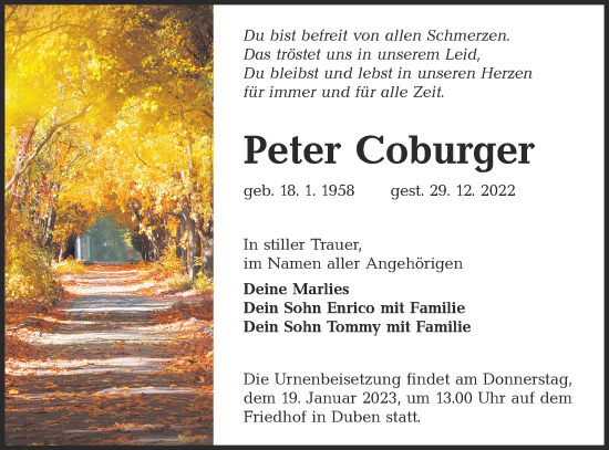 Traueranzeige von Peter Coburger von lausitzer_rundschau