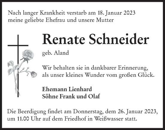 Traueranzeige von Renate Schneider von Lausitzer Rundschau