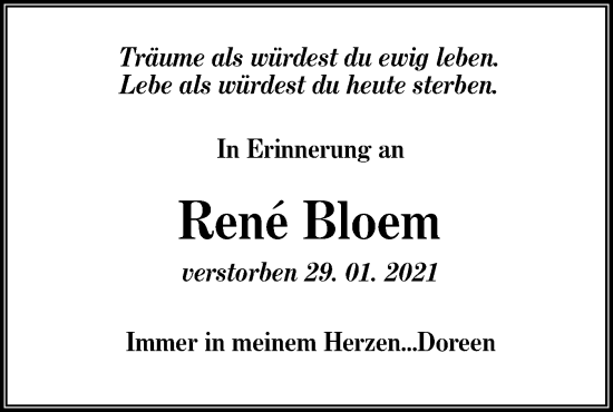 Traueranzeige von René Bloem von Lausitzer Rundschau