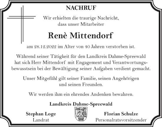 Traueranzeige von René Mittendorf von Lausitzer Rundschau