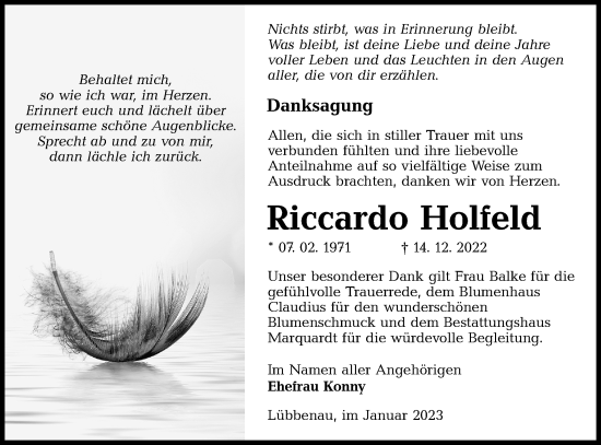 Traueranzeige von Riccardo Holfeld von Lausitzer Rundschau