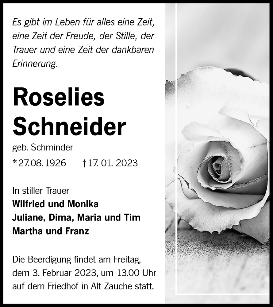  Traueranzeige für Roselies Schneider vom 21.01.2023 aus Lausitzer Rundschau