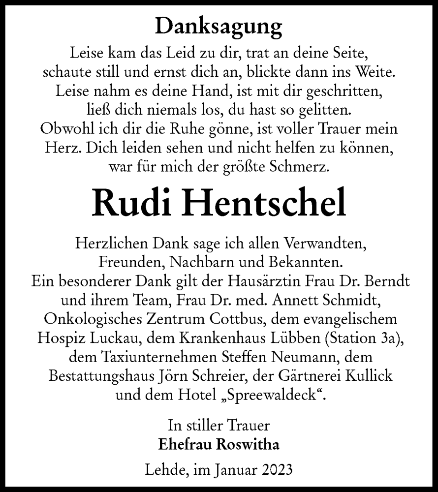  Traueranzeige für Rudi Hentschel vom 14.01.2023 aus Lausitzer Rundschau