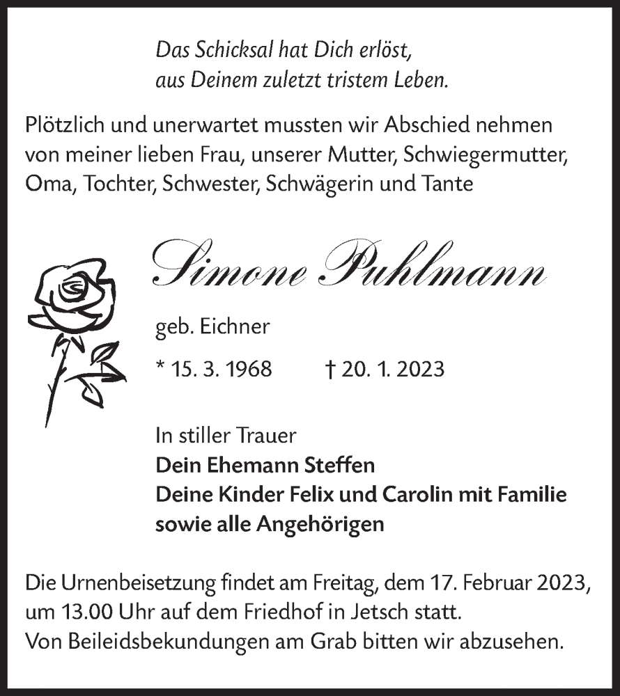  Traueranzeige für Simone Puhlmann vom 28.01.2023 aus Lausitzer Rundschau