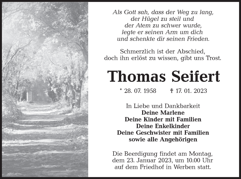  Traueranzeige für Thomas Seifert vom 20.01.2023 aus Lausitzer Rundschau