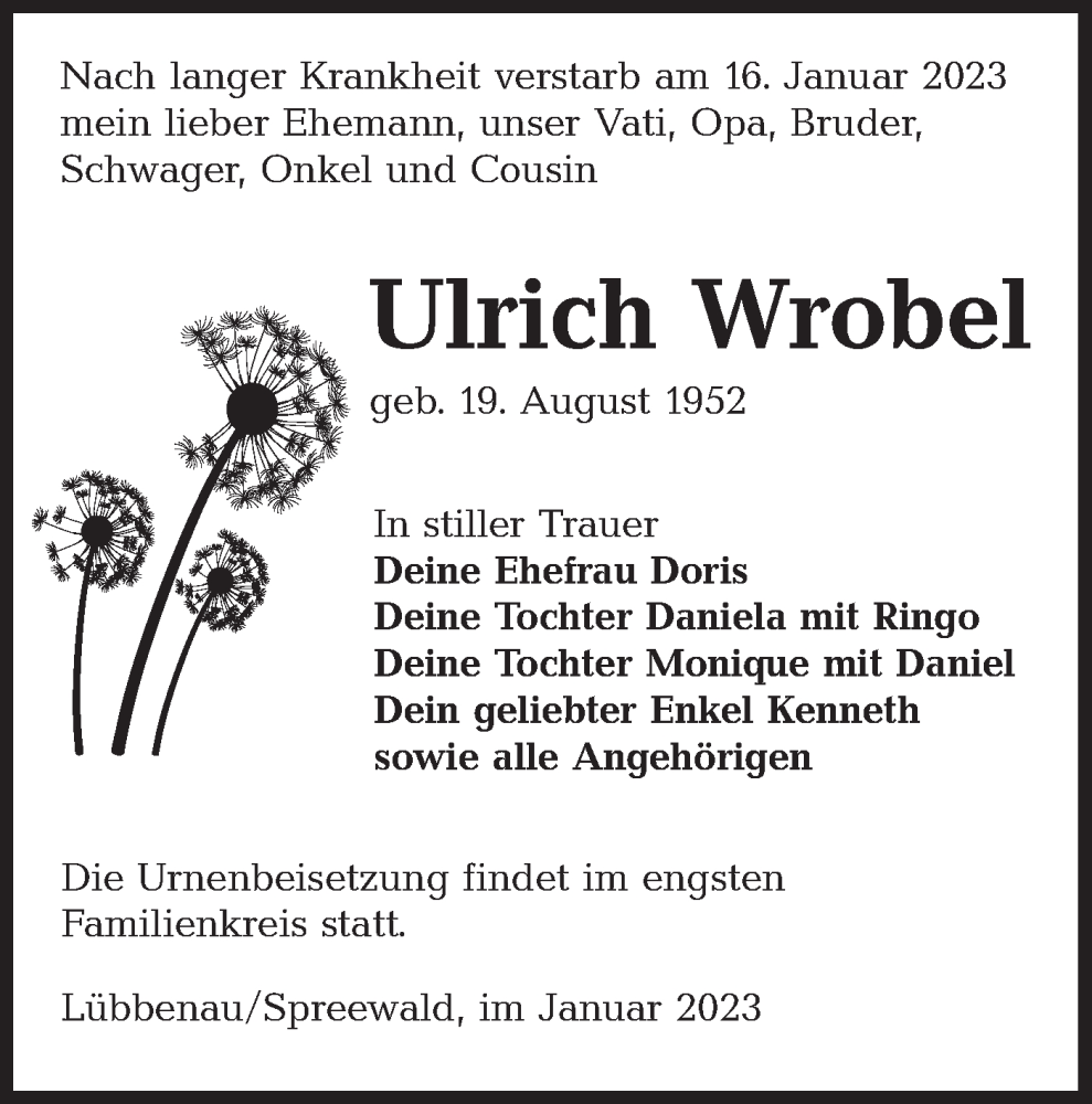  Traueranzeige für Ulrich Wrobel vom 28.01.2023 aus Lausitzer Rundschau