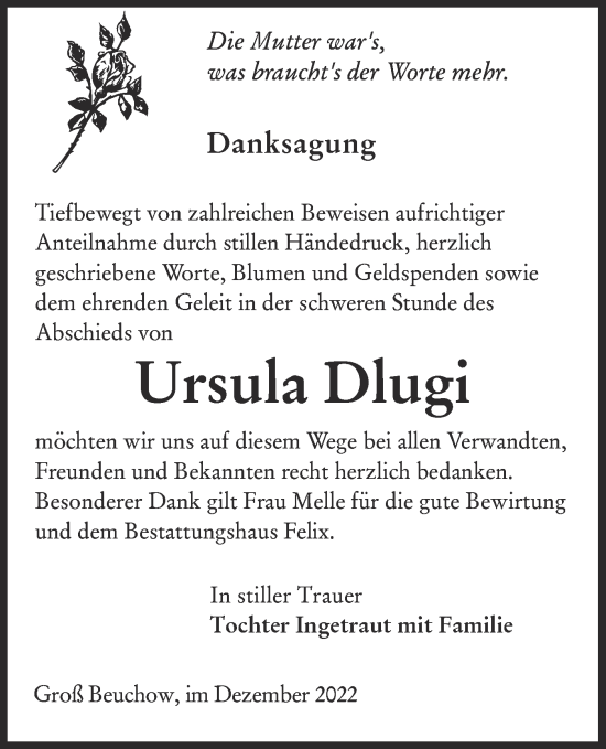 Traueranzeige von Ursula Dlugi von lausitzer_rundschau