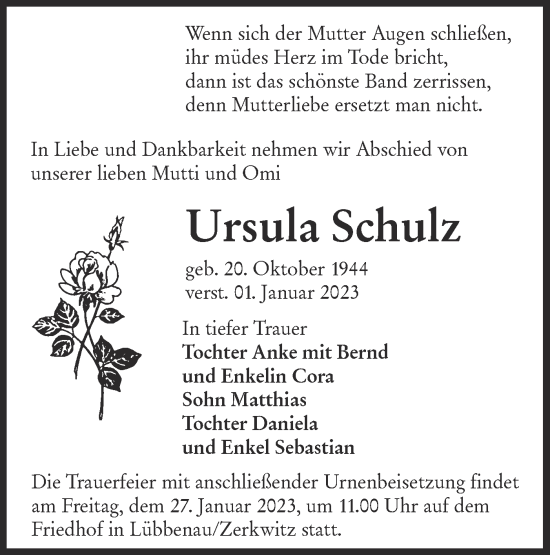 Traueranzeige von Ursula Schulz von Lausitzer Rundschau