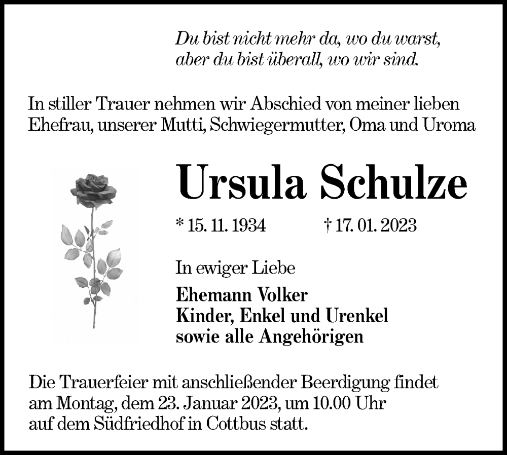  Traueranzeige für Ursula Schulze vom 21.01.2023 aus Lausitzer Rundschau