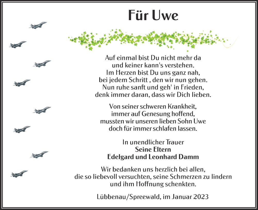  Traueranzeige für Uwe  vom 07.01.2023 aus lausitzer_rundschau