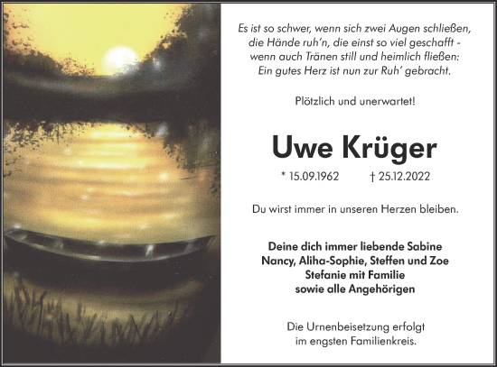 Traueranzeige von Uwe Krüger von lausitzer_rundschau