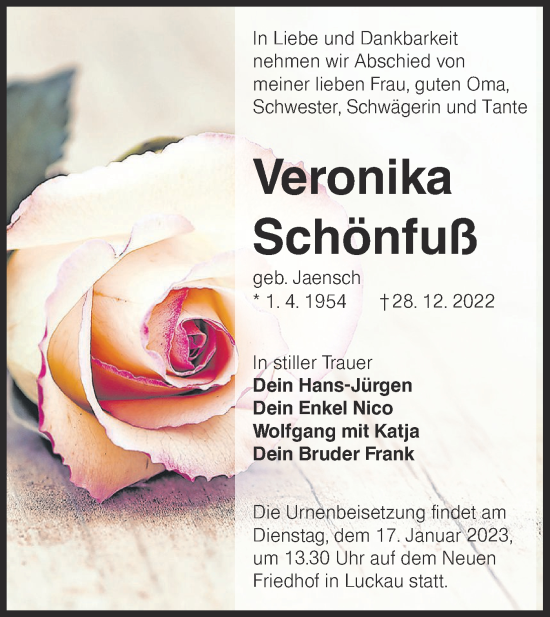 Traueranzeige von Veronika Schönfuß von lausitzer_rundschau