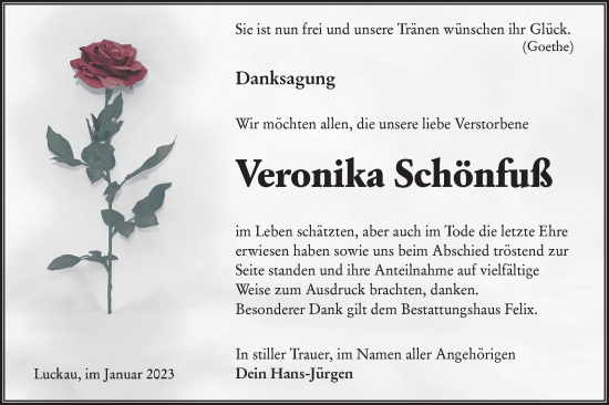 Traueranzeige von Veronika Schönfuß von Lausitzer Rundschau