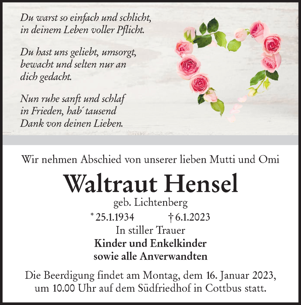  Traueranzeige für Waltraut Hensel vom 11.01.2023 aus Lausitzer Rundschau