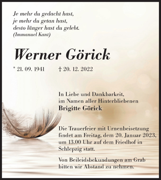 Traueranzeige von Werner Görick von lausitzer_rundschau