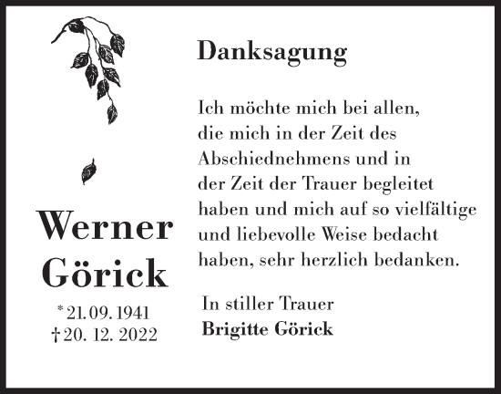 Traueranzeige von Werner Görick von Lausitzer Rundschau