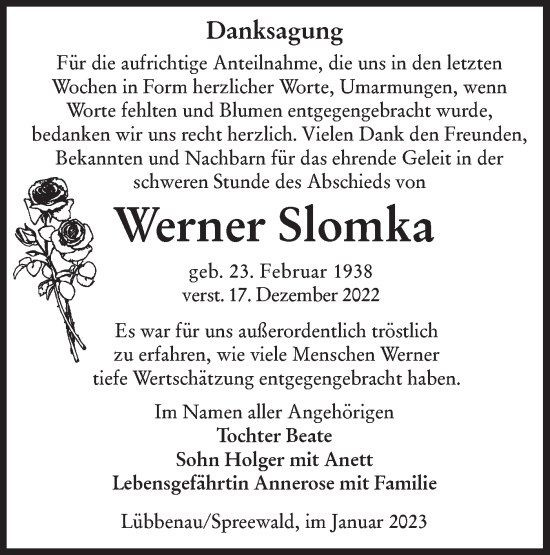 Traueranzeige von Werner Slomka von Lausitzer Rundschau