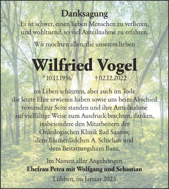 Traueranzeige von Wilfried Vogel von lausitzer_rundschau