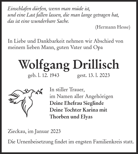 Traueranzeige von Wolfgang Drillfisch von Lausitzer Rundschau
