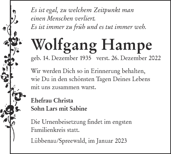 Traueranzeige von Wolfgang Hampe von lausitzer_rundschau