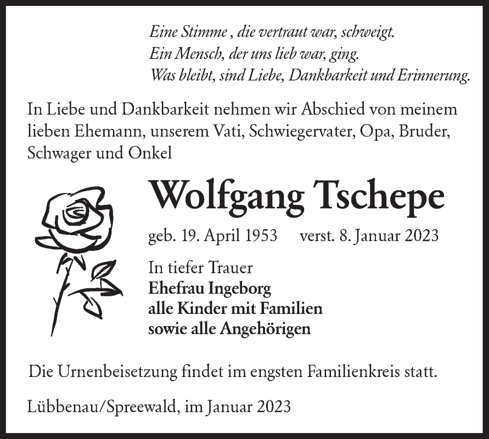  Traueranzeige für Wolfgang Tschepe vom 28.01.2023 aus Lausitzer Rundschau