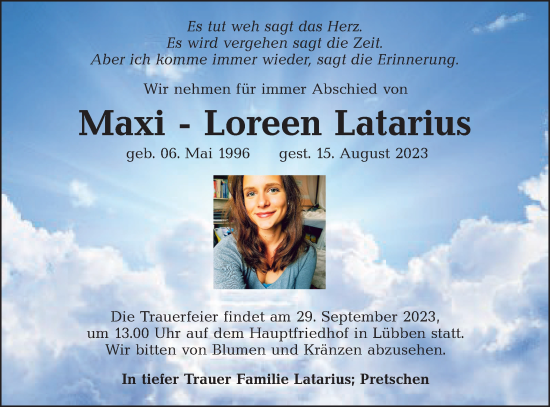 Traueranzeige von Maxi-Loreen Latarius von Lausitzer Rundschau