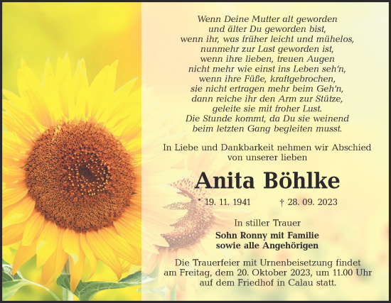 Traueranzeige von Anita Böhlke von Lausitzer Rundschau