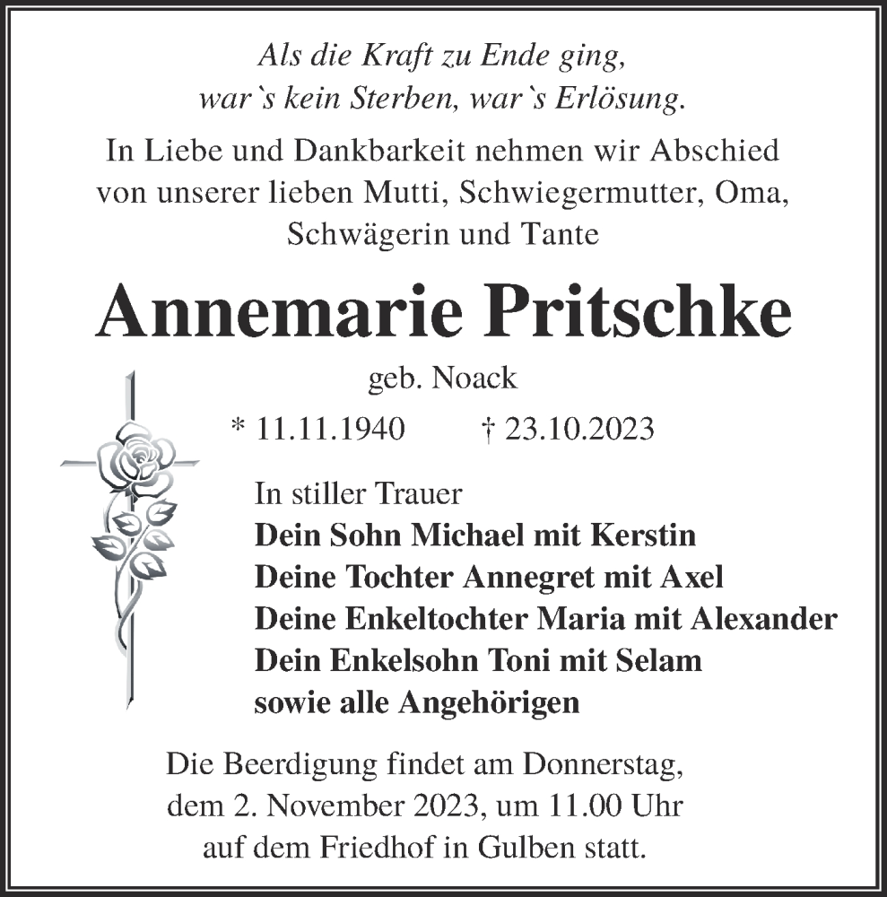 Traueranzeige für Annemarie Pritschke vom 28.10.2023 aus Lausitzer Rundschau