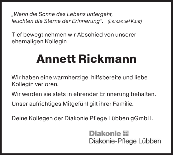 Traueranzeige von Annett Rickmann von Lausitzer Rundschau