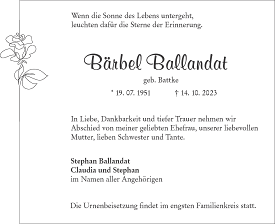 Traueranzeige von Bärbel Ballandat von Lausitzer Rundschau