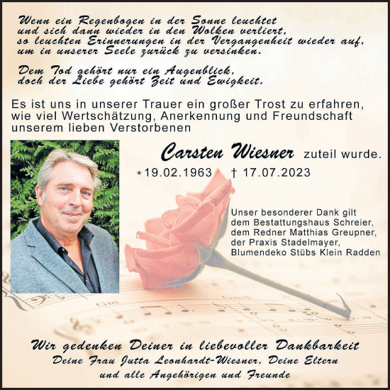 Traueranzeige von Carsten Wiesner von Lausitzer Rundschau
