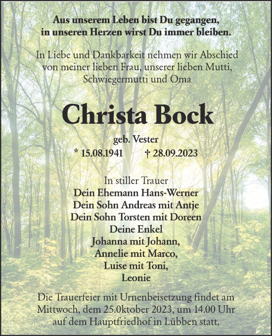 Traueranzeige von Christa Bock von Lausitzer Rundschau