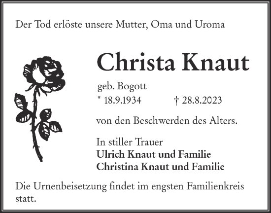 Traueranzeige von Christa Knaut von Lausitzer Rundschau