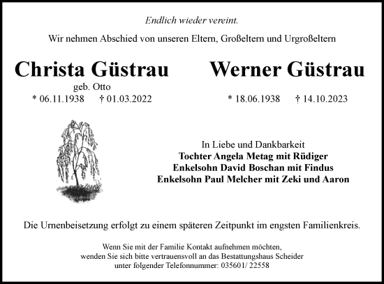 Traueranzeige von Christa und Werner Güstrau von Lausitzer Rundschau
