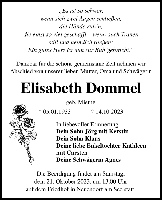 Traueranzeige von Elisabeth Dommel von Lausitzer Rundschau