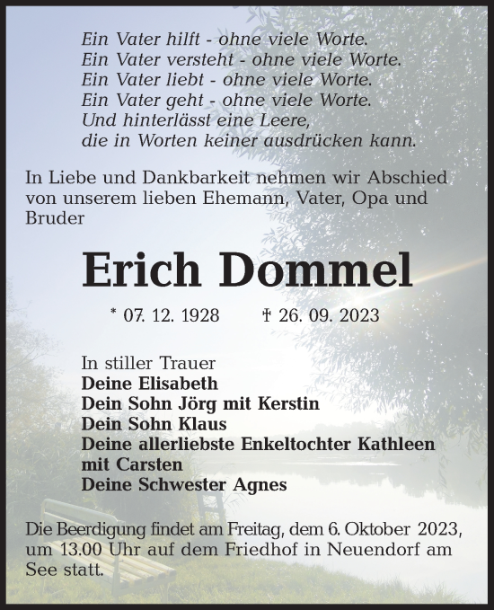 Traueranzeige von Erich Dommel von Lausitzer Rundschau