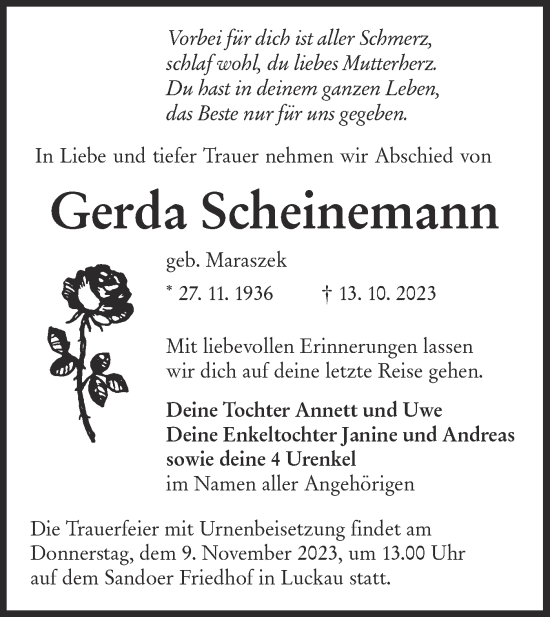 Traueranzeige von Gerda Scheinemann von Lausitzer Rundschau