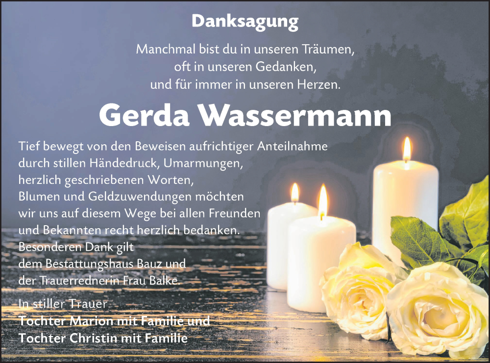  Traueranzeige für Gerda Wassermann vom 07.10.2023 aus Lausitzer Rundschau