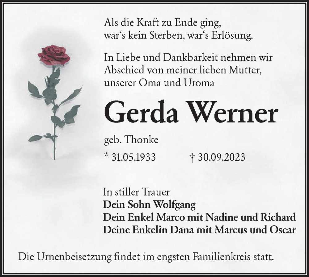  Traueranzeige für Gerda Werner vom 07.10.2023 aus Lausitzer Rundschau