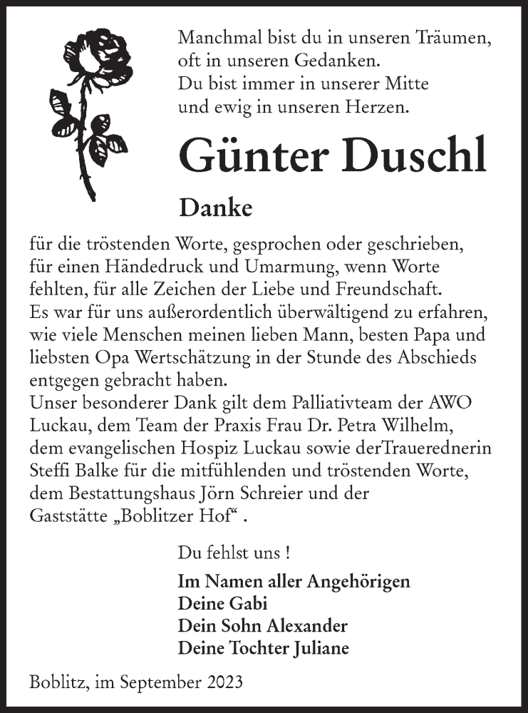  Traueranzeige für Günter Duschl vom 30.09.2023 aus Lausitzer Rundschau
