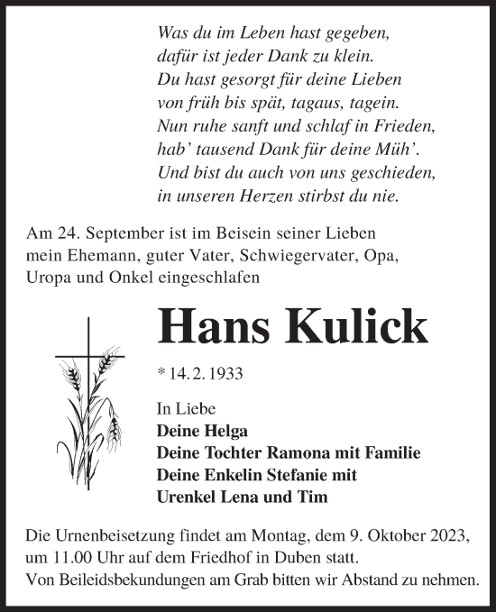 Traueranzeige von Hans Kulick von Lausitzer Rundschau