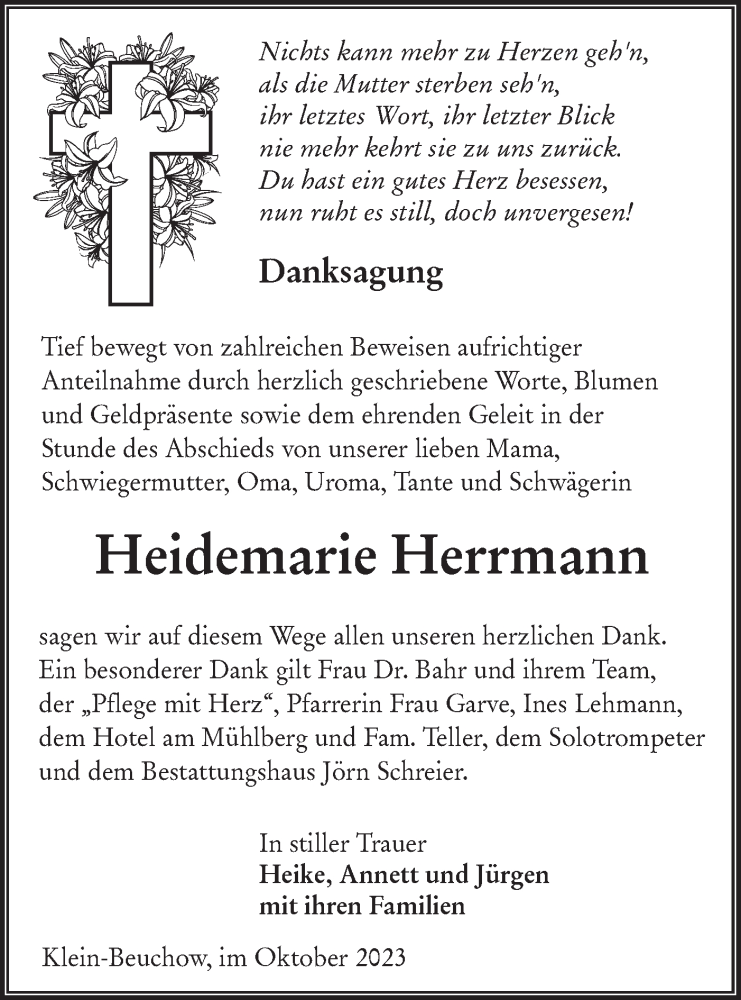 Traueranzeige für Heidemarie Herrmann vom 04.10.2023 aus Lausitzer Rundschau