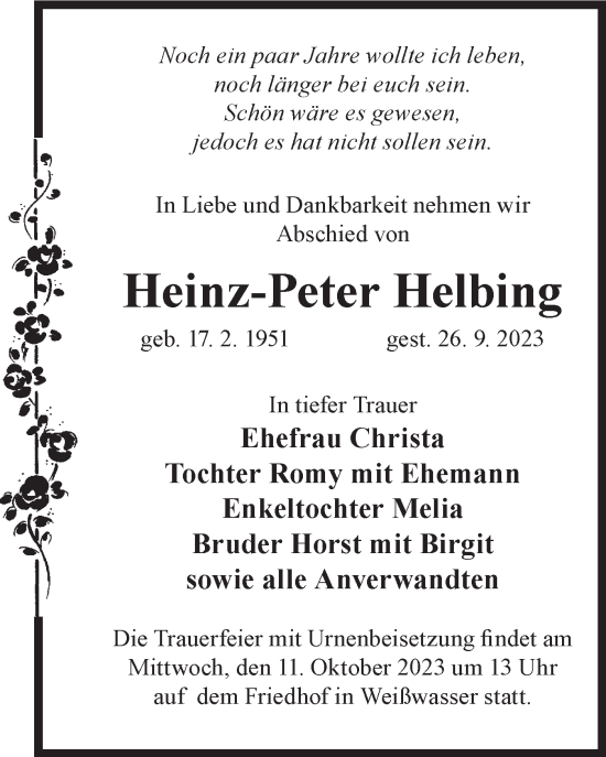 Traueranzeige von Heinz-Peter Helbing von Lausitzer Rundschau